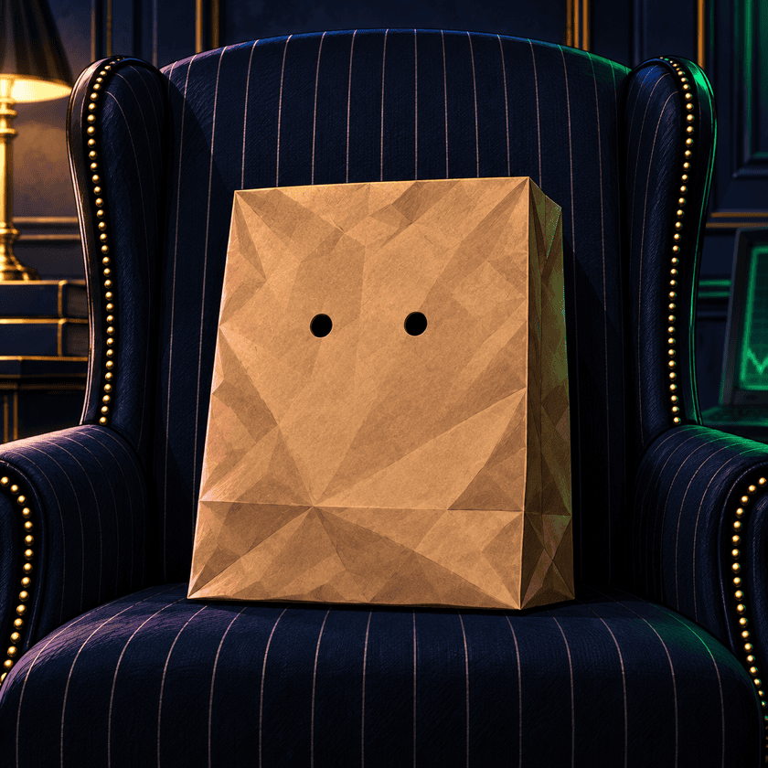 A brown paper bag with two eye holes against a dark pinstripe chair; the Chairman’s identity remains concealed.